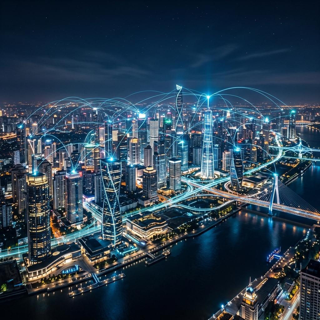 Cityscape with data connectivity lines